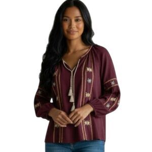 Hippie Laundry Maroon Embroidered Split Neck Ballon Sleeve Pheasant Blouse M